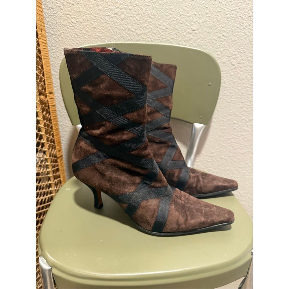 Donald J Pliner Brown Suede Black Criss-Cross Bandage Heeled Ankle Boots Size 7